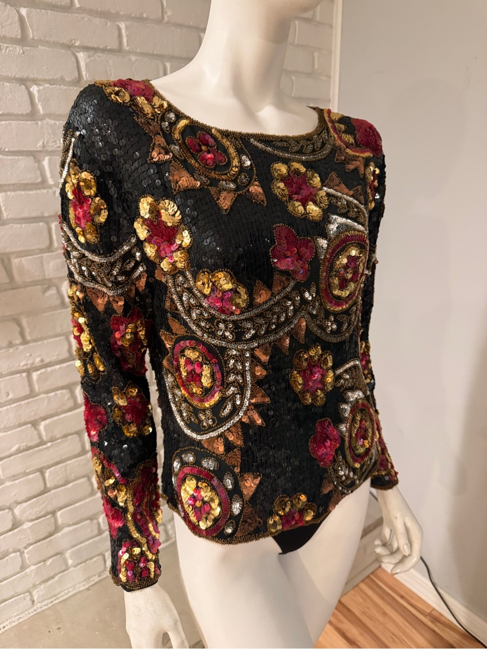SCALA Silk Beaded Sequin Art Deco Top Black Gold Burgundy Est. SMALL/MEDIUM - Picture 6 of 15